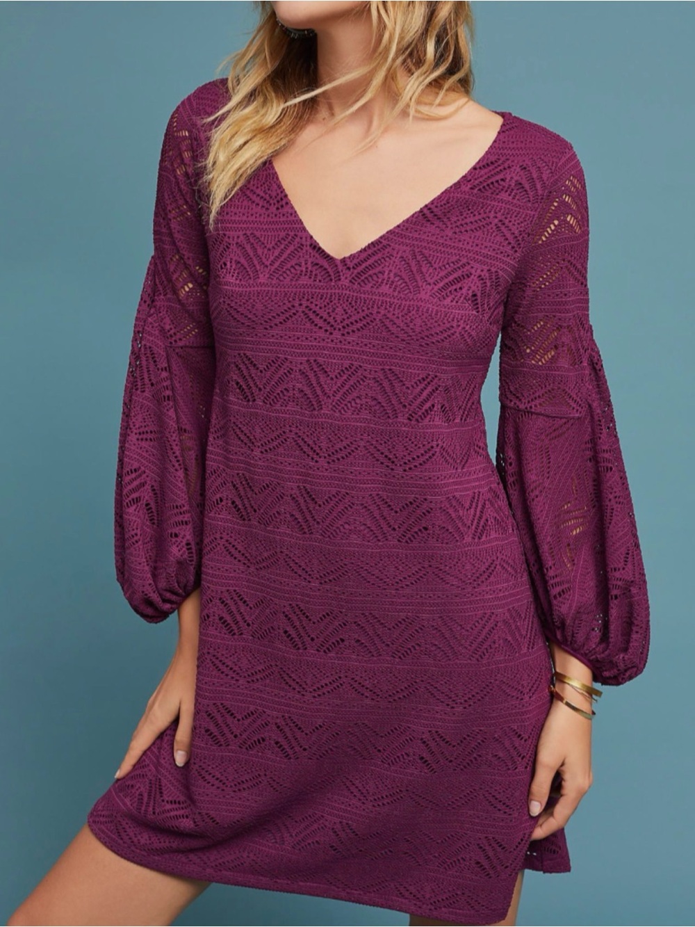 Anthropologie Maeve Purple Laila Lace Balloon Sleeve Shift Mini Dress XS Boho